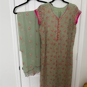 Green Embroidered Dress with Pink Accents